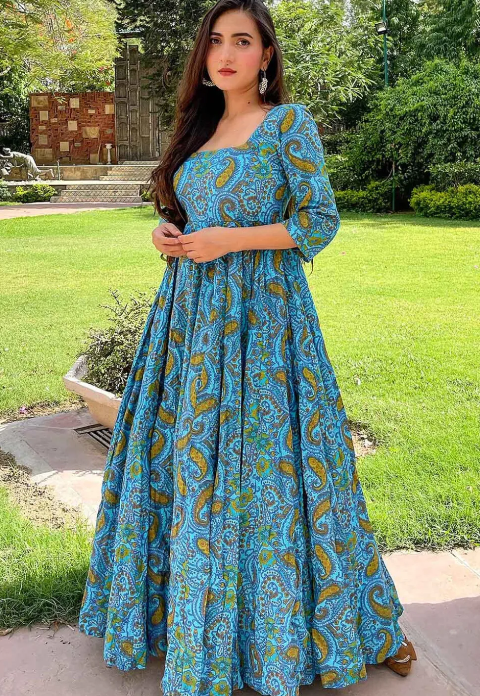 Digital Printed Cotton Flared Gown in Sky Blue