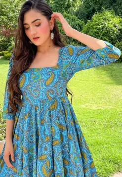 Digital Printed Cotton Flared Gown in Sky Blue