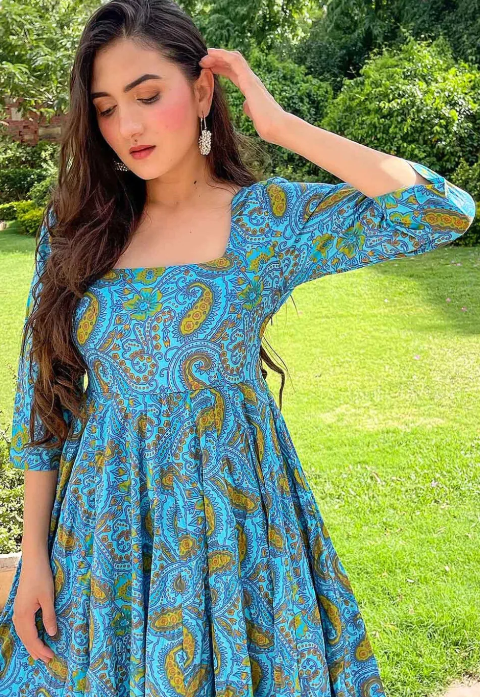 Digital Printed Cotton Flared Gown in Sky Blue