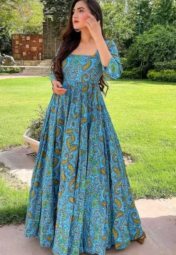 Digital Printed Cotton Flared Gown in Sky Blue
