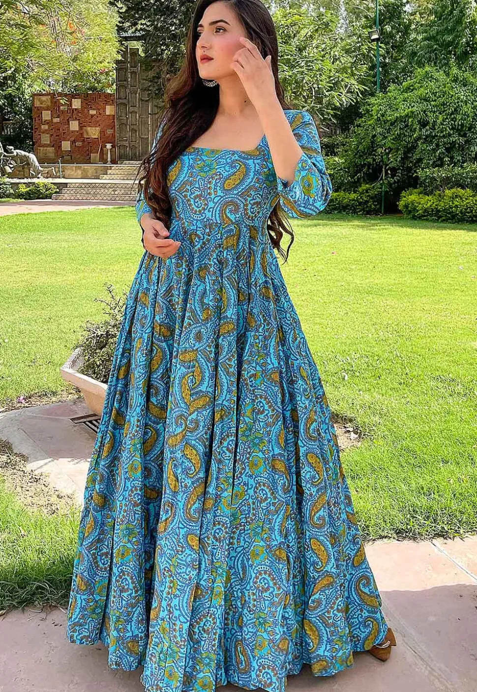 Digital Printed Cotton Flared Gown in Sky Blue