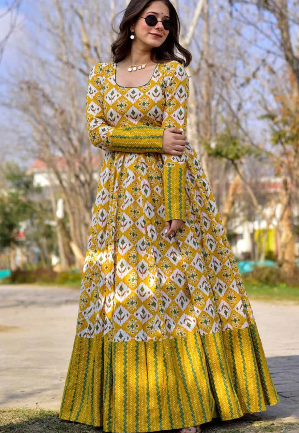 Digital Printed Cotton Flared Gown in Yellow