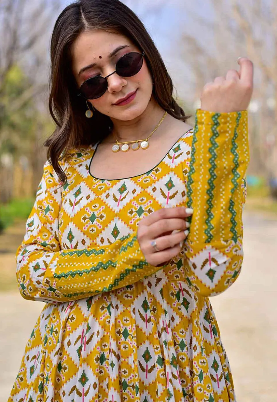 Digital Printed Cotton Flared Gown in Yellow