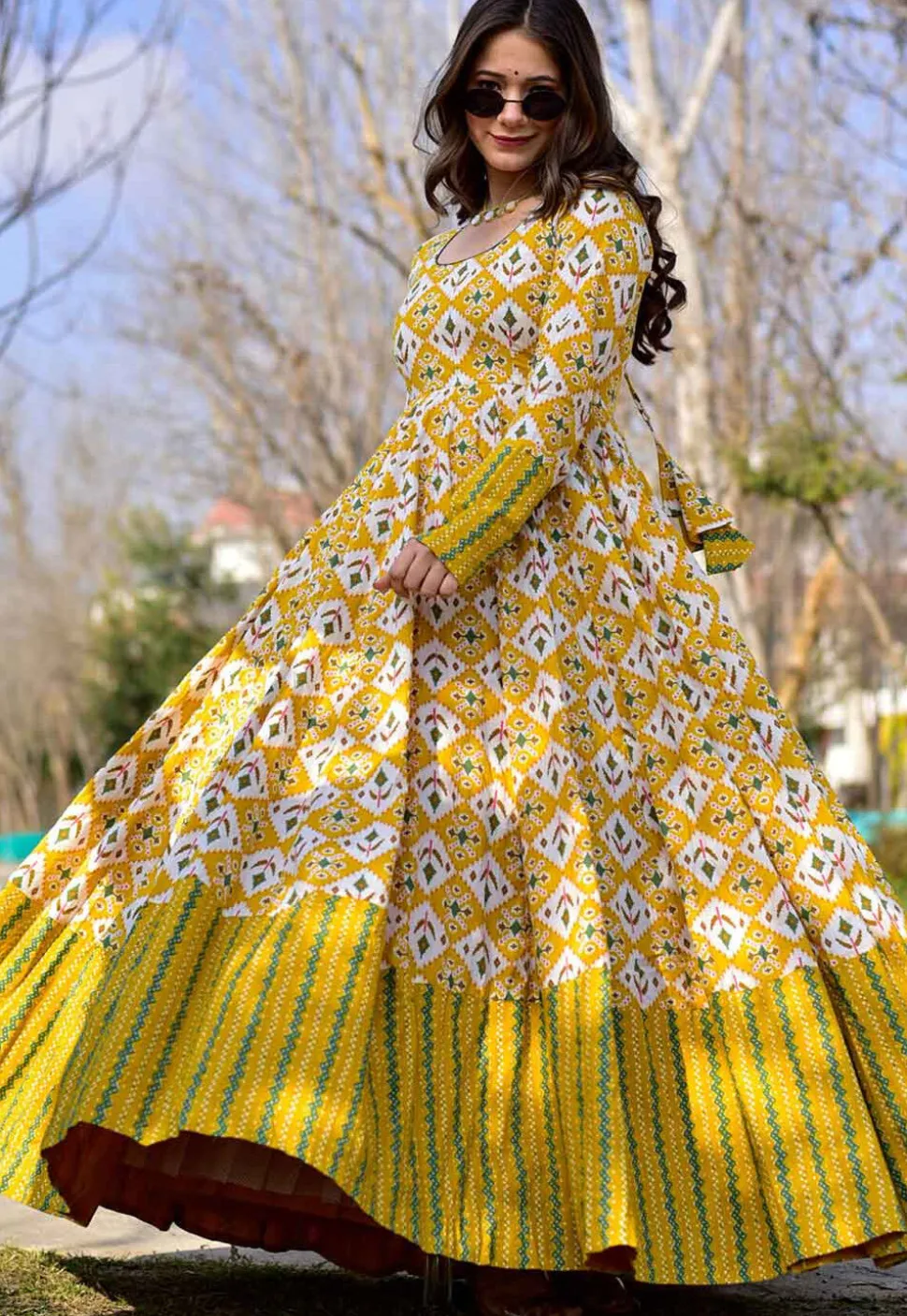 Digital Printed Cotton Flared Gown in Yellow