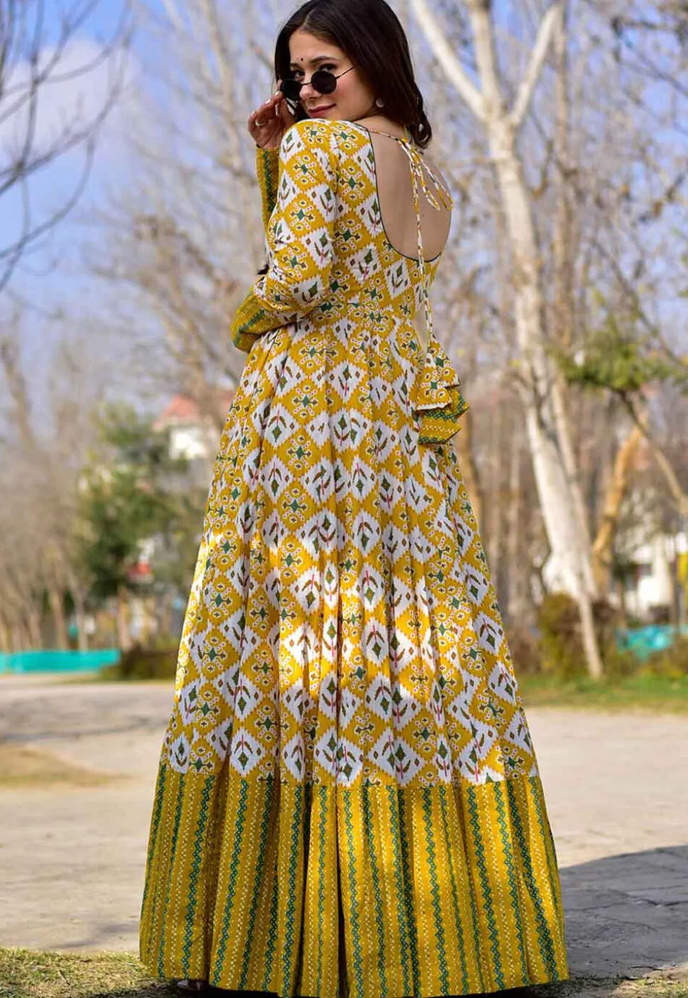 Digital Printed Cotton Flared Gown in Yellow