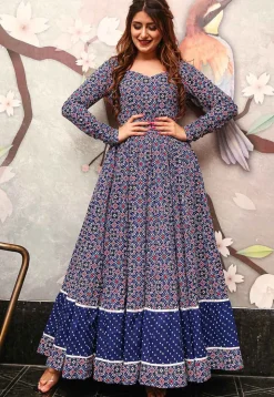 Digital Printed Cotton Flared Gown in Blue