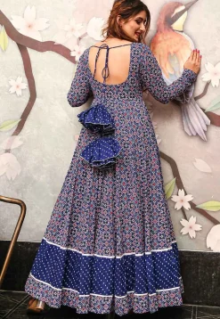 Digital Printed Cotton Flared Gown in Blue