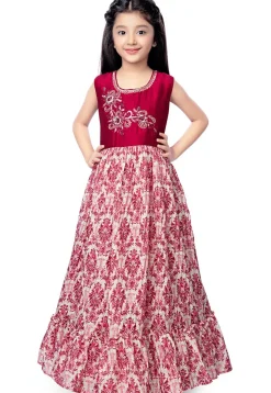 Digital Printed Cotton Gown in Pink and Off White