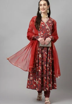 Digital Printed Cotton Jacquard Aline Suit in Maroon