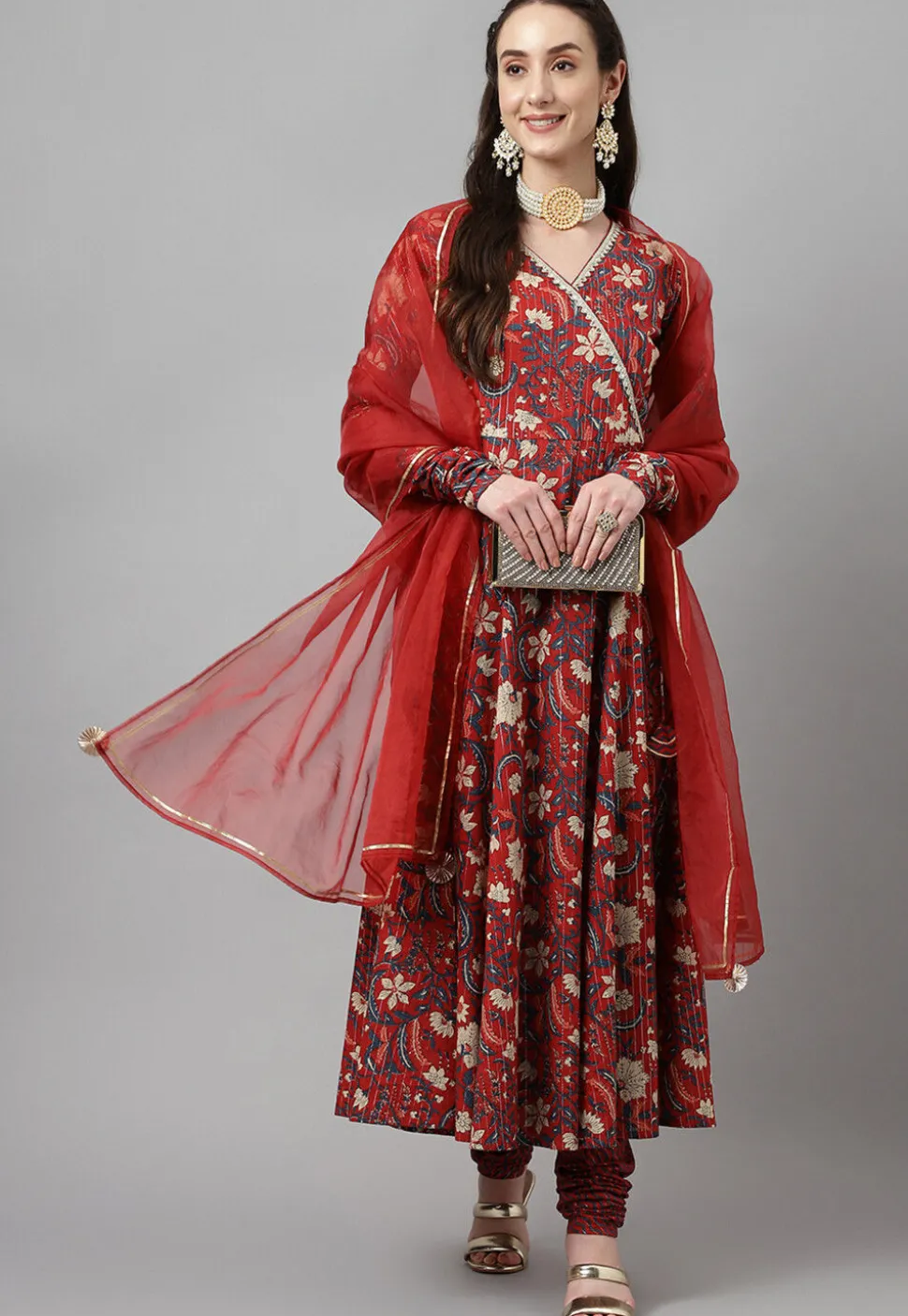 Digital Printed Cotton Jacquard Aline Suit in Maroon