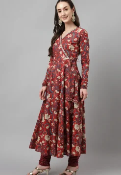 Digital Printed Cotton Jacquard Aline Suit in Maroon