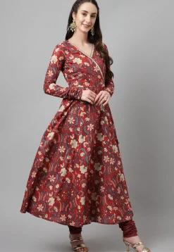 Digital Printed Cotton Jacquard Aline Suit in Maroon