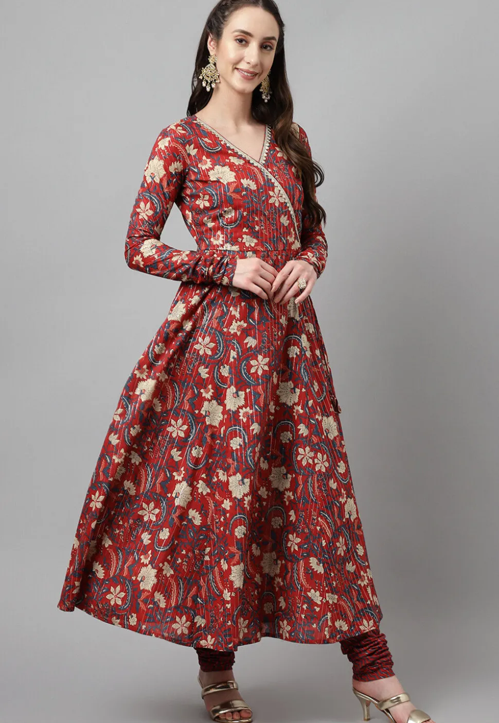 Digital Printed Cotton Jacquard Aline Suit in Maroon