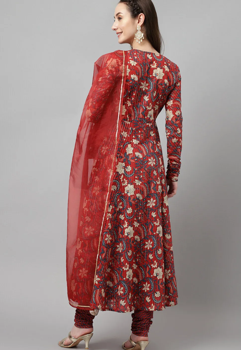 Digital Printed Cotton Jacquard Aline Suit in Maroon