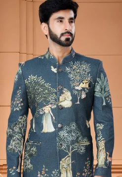 Digital Printed Cotton Jodhpuri Suit in Teal Blue
