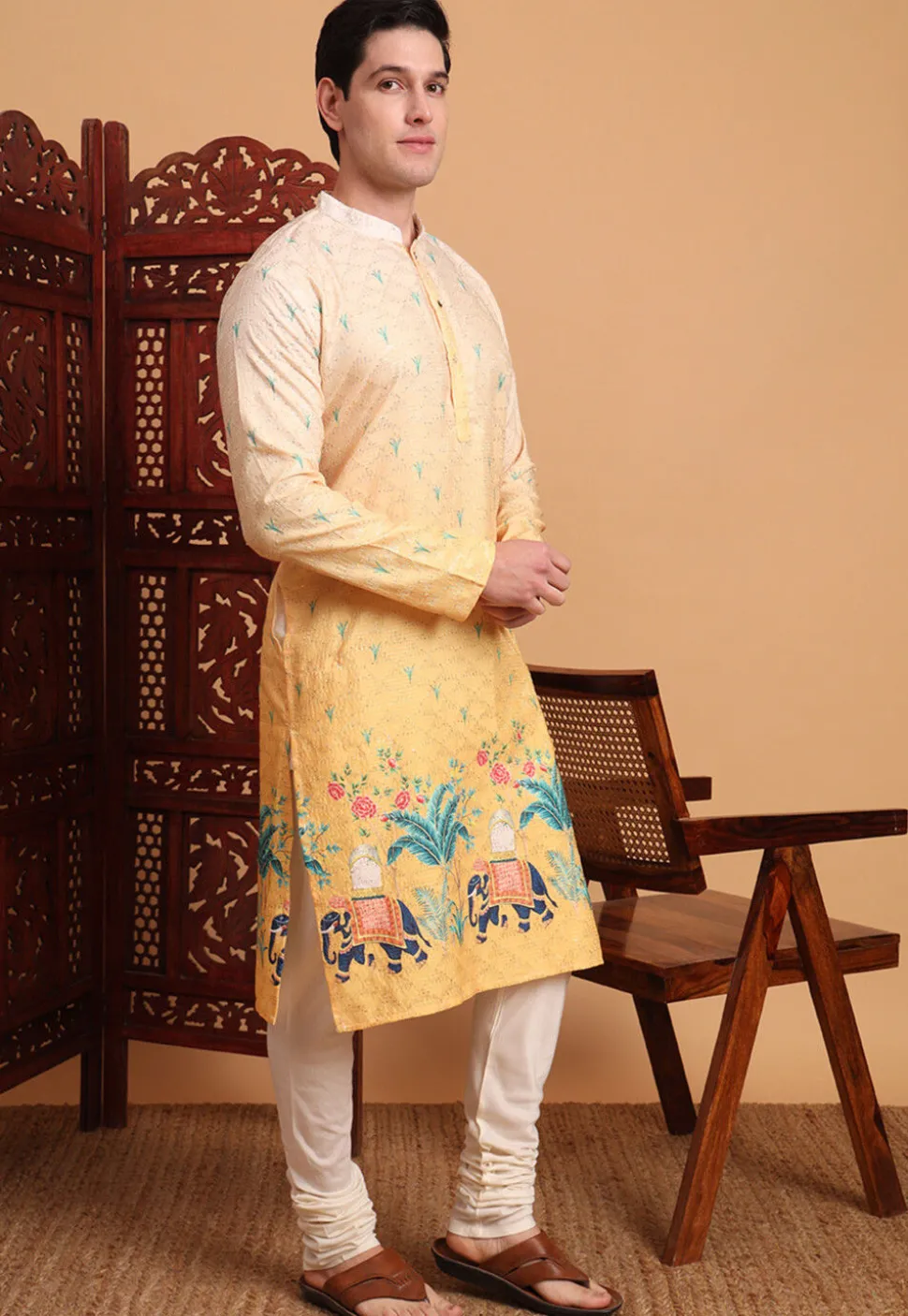 Digital Printed Cotton Kurta in Shaded Yellow