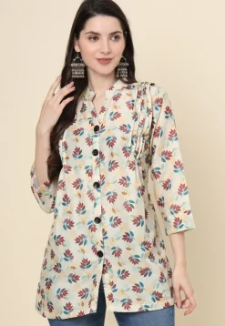 Digital Printed Cotton Kurti in Beige