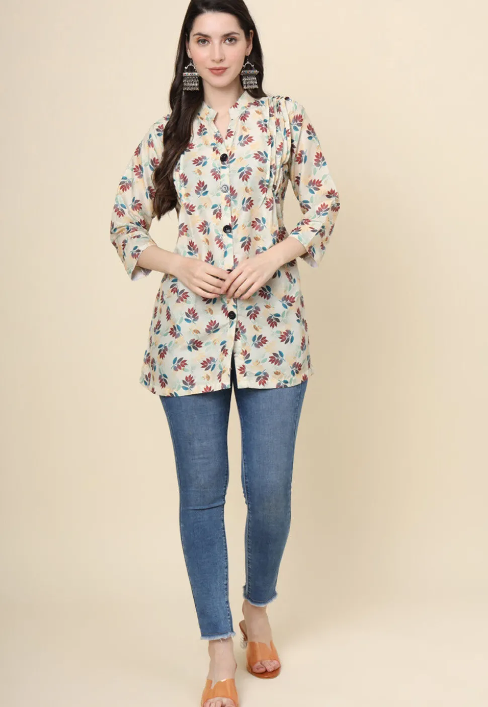 Digital Printed Cotton Kurti in Beige