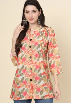 Digital Printed Cotton Kurti in Light Beige