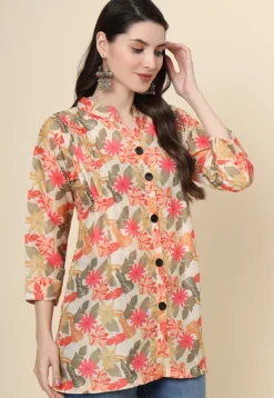 Digital Printed Cotton Kurti in Light Beige