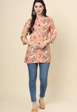 Digital Printed Cotton Kurti in Light Beige