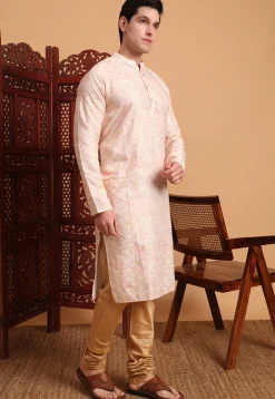 Digital Printed Cotton Kurta in Peach