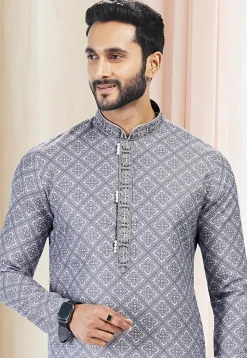 Digital Printed Cotton Kurta Set in Grey