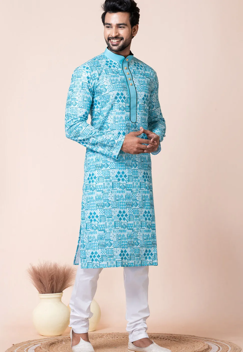 Digital Printed Cotton Kurta Set in Blue