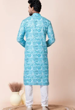 Digital Printed Cotton Kurta Set in Blue