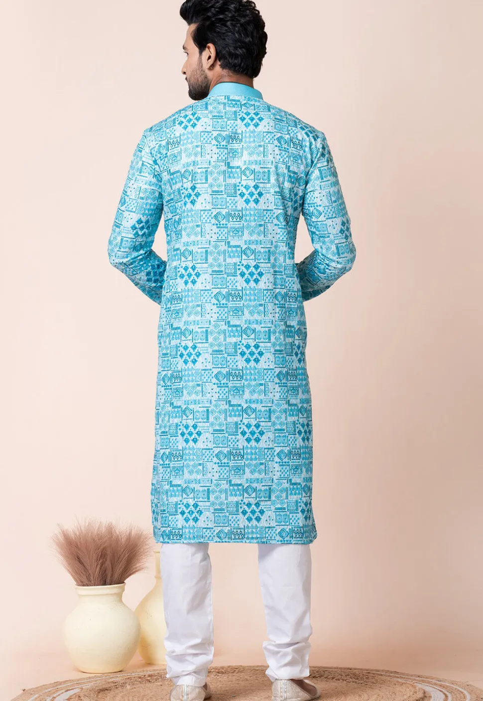 Digital Printed Cotton Kurta Set in Blue