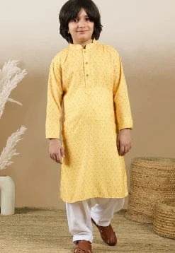 Digital Printed Cotton Kurta Set in Yellow