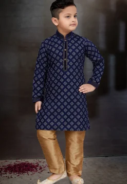 Digital Printed Cotton Kurta Set in Navy Blue