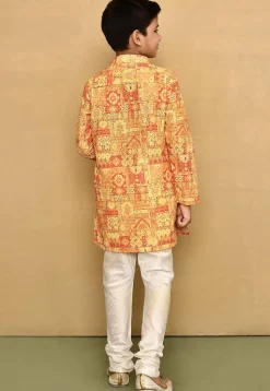Digital Printed Cotton Kurta Set in Yellow