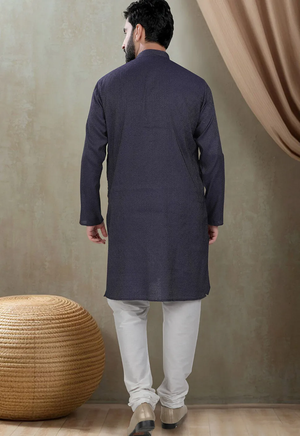 Digital Printed Cotton Kurta Set in Navy Blue