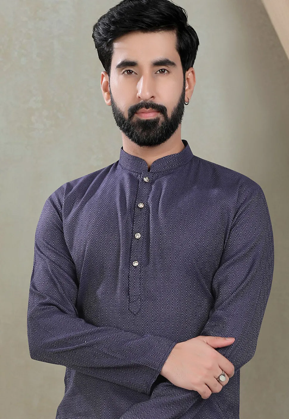 Digital Printed Cotton Kurta Set in Navy Blue