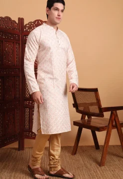 Digital Printed Cotton Kurta in Peach