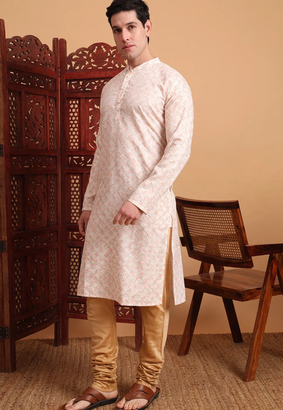 Digital Printed Cotton Kurta in Peach