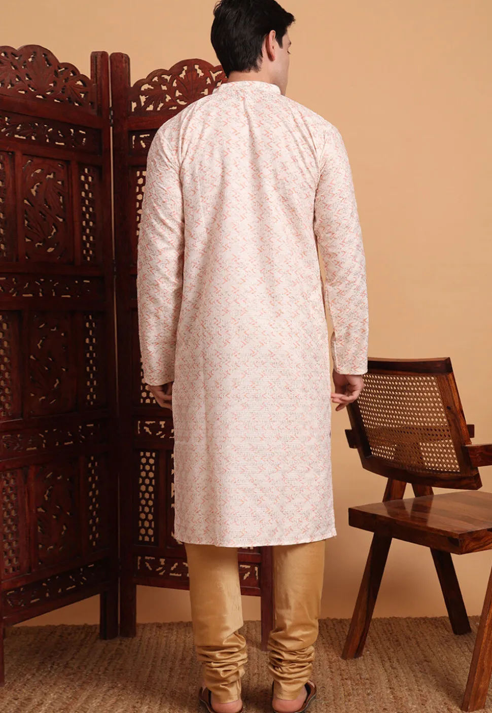Digital Printed Cotton Kurta in Peach