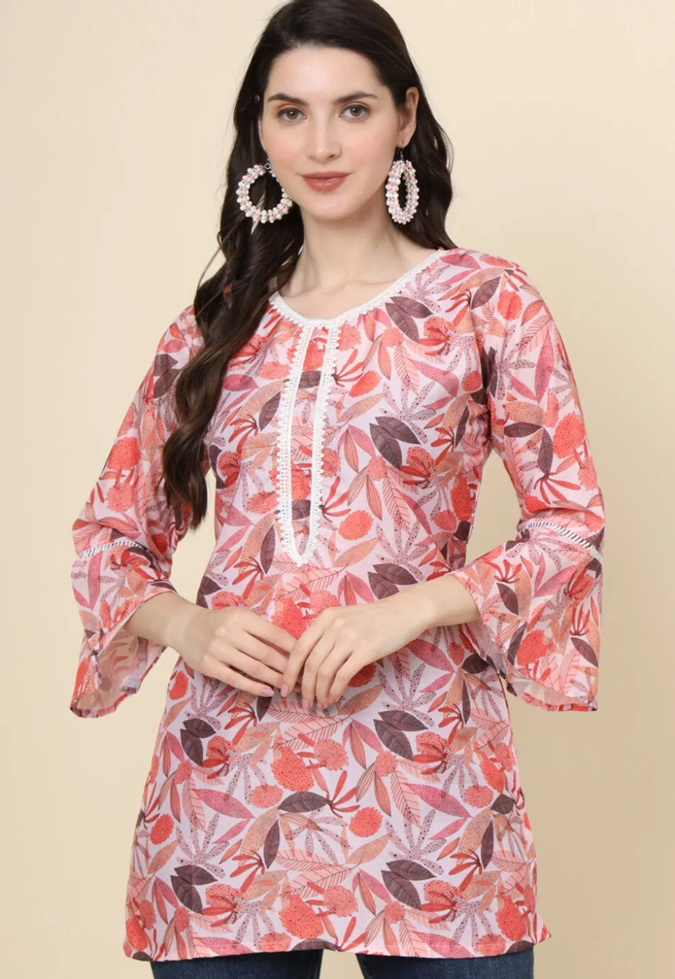 Digital Printed Cotton Kurti in Peach