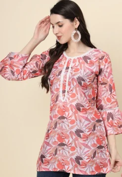 Digital Printed Cotton Kurti in Peach