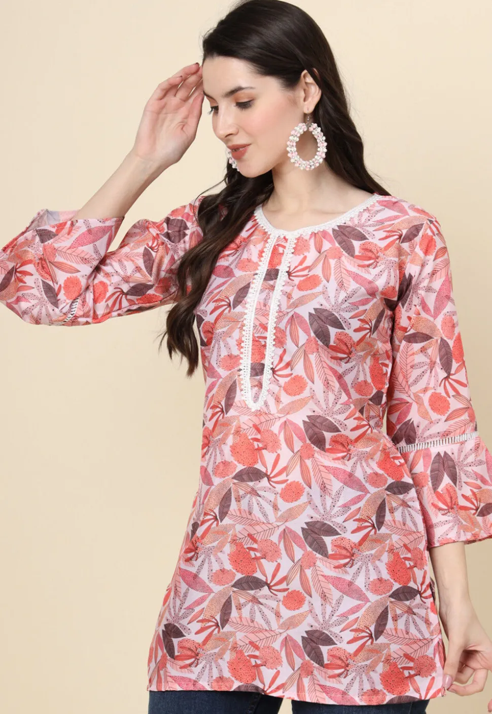 Digital Printed Cotton Kurti in Peach