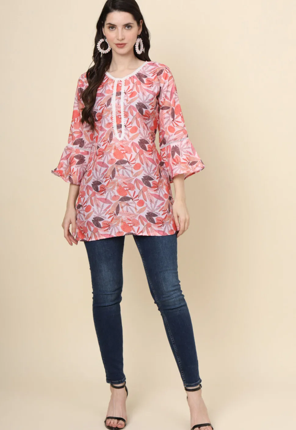Digital Printed Cotton Kurti in Peach