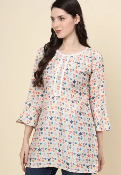 Digital Printed Cotton Kurti in Off White