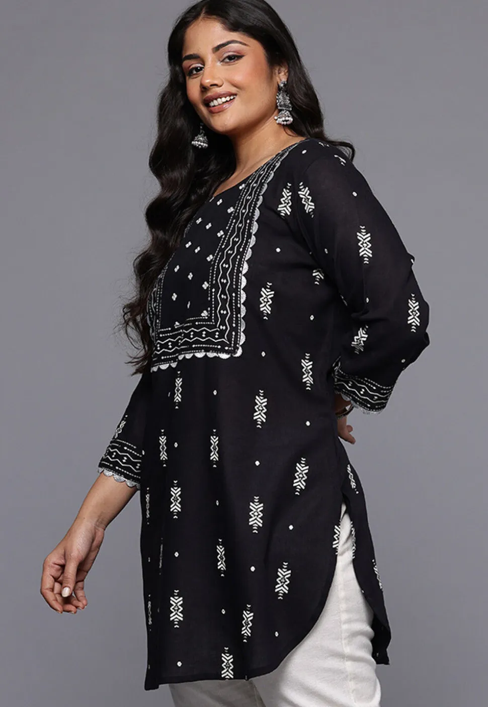 Digital Printed Cotton Kurti in Black