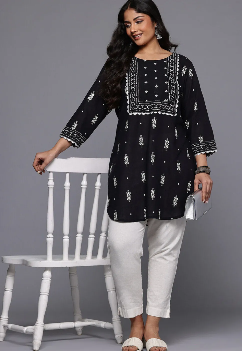 Digital Printed Cotton Kurti in Black