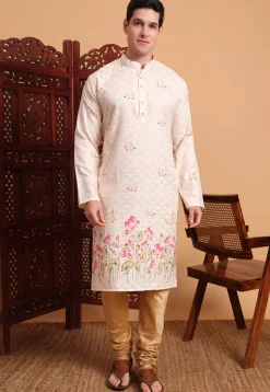 Digital Printed Cotton Kurta in Cream