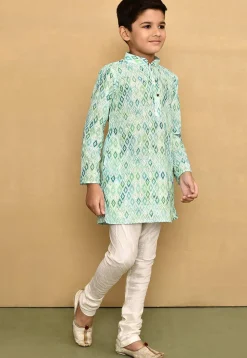 Digital Printed Cotton Kurta Set in Light Green