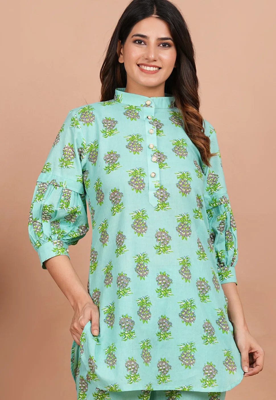 Digital Printed Cotton Kurti in Turquoise