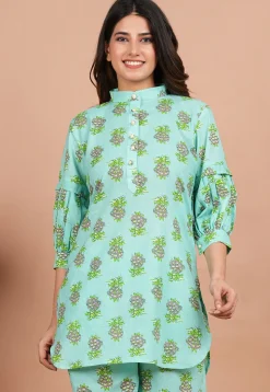 Digital Printed Cotton Kurti in Turquoise