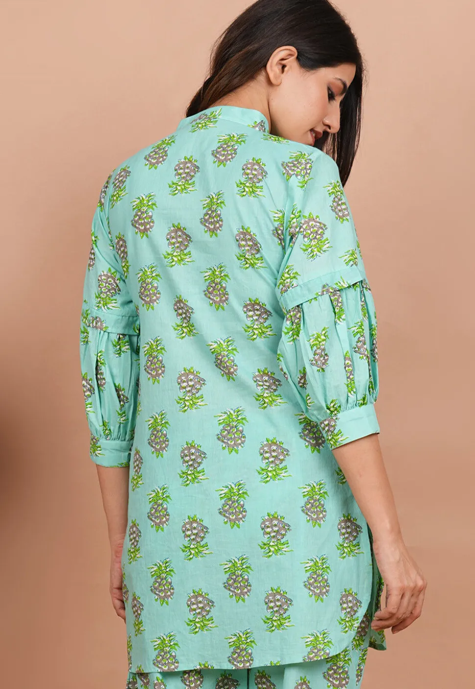 Digital Printed Cotton Kurti in Turquoise